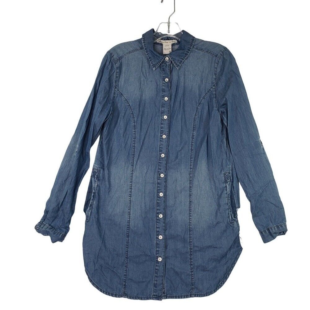 American Rag Denim Tunic Top Sz S Chambray Lace Back Long Sleeve Button Up Shirt